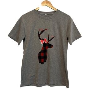 NEW Women's Small Grey Buffalo Plaid Christmas Holiday Reindeer Bow T-Shirt